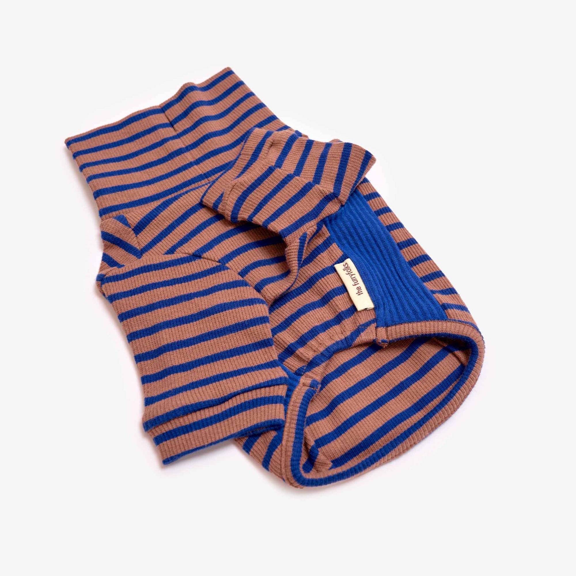 Stylish Cobalt & Brown striped turtleneck dog shirt, complete with ribbed details and a cozy fit for your pet.