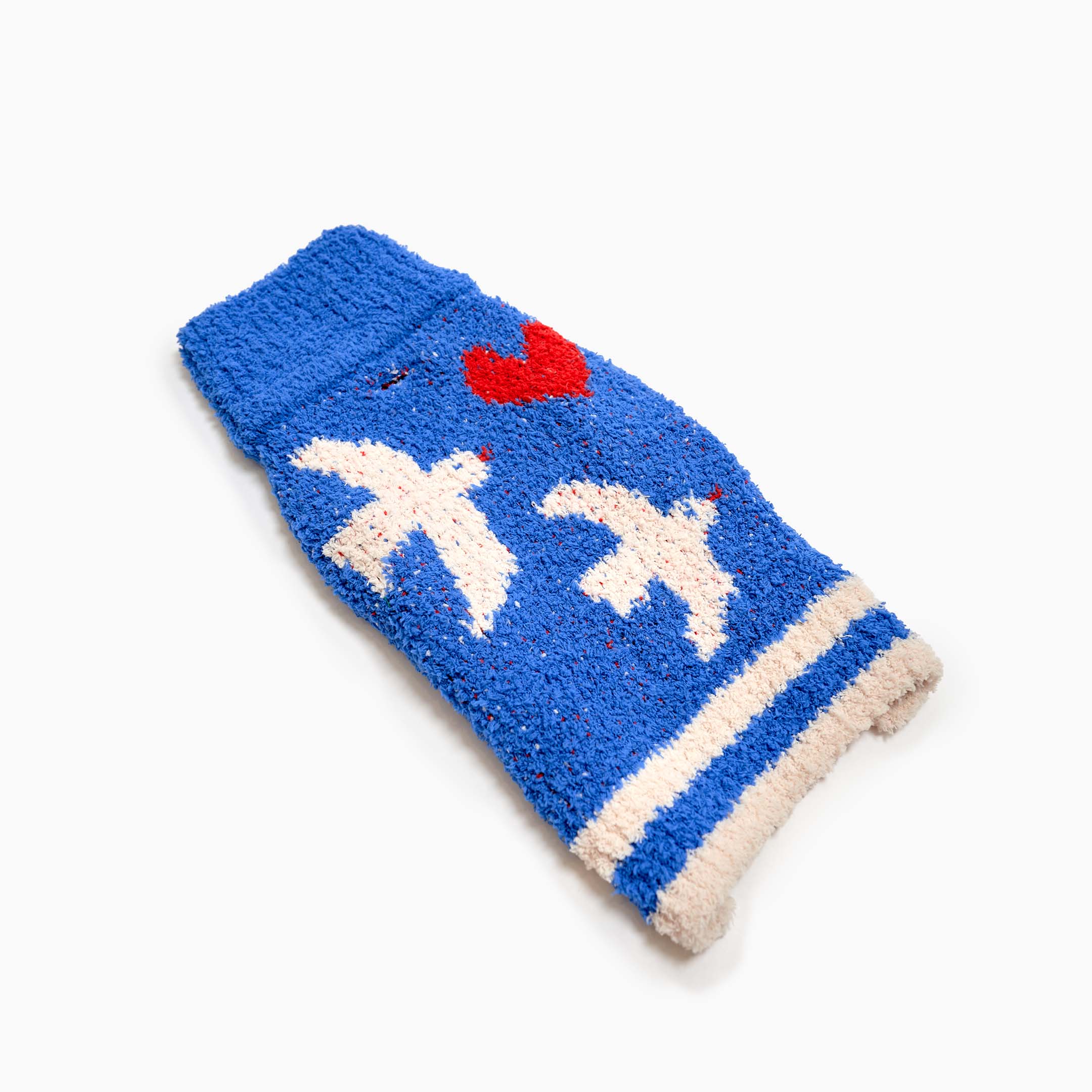 Blue "The Furryfolks" sweater with love bird design and a heart, displayed on a white background.