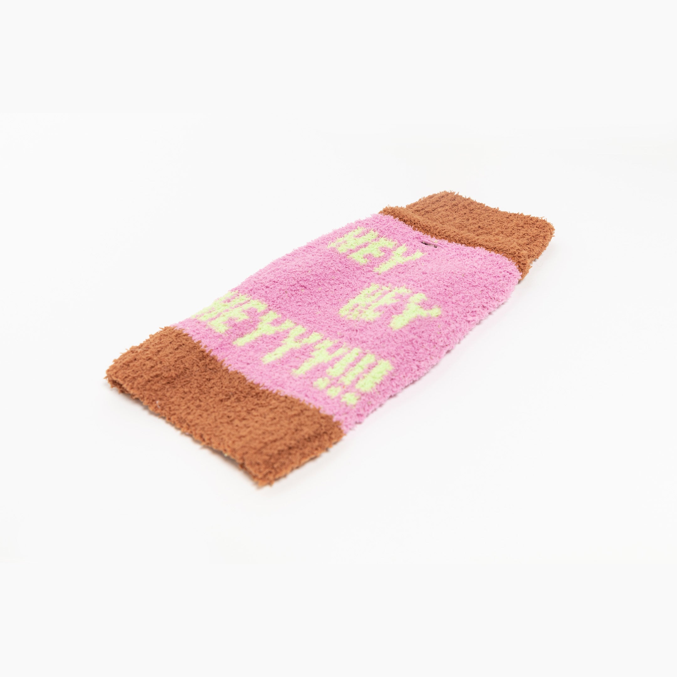 "The Furryfolks" Hey sweater in pink with brown trim, displayed on a white background.