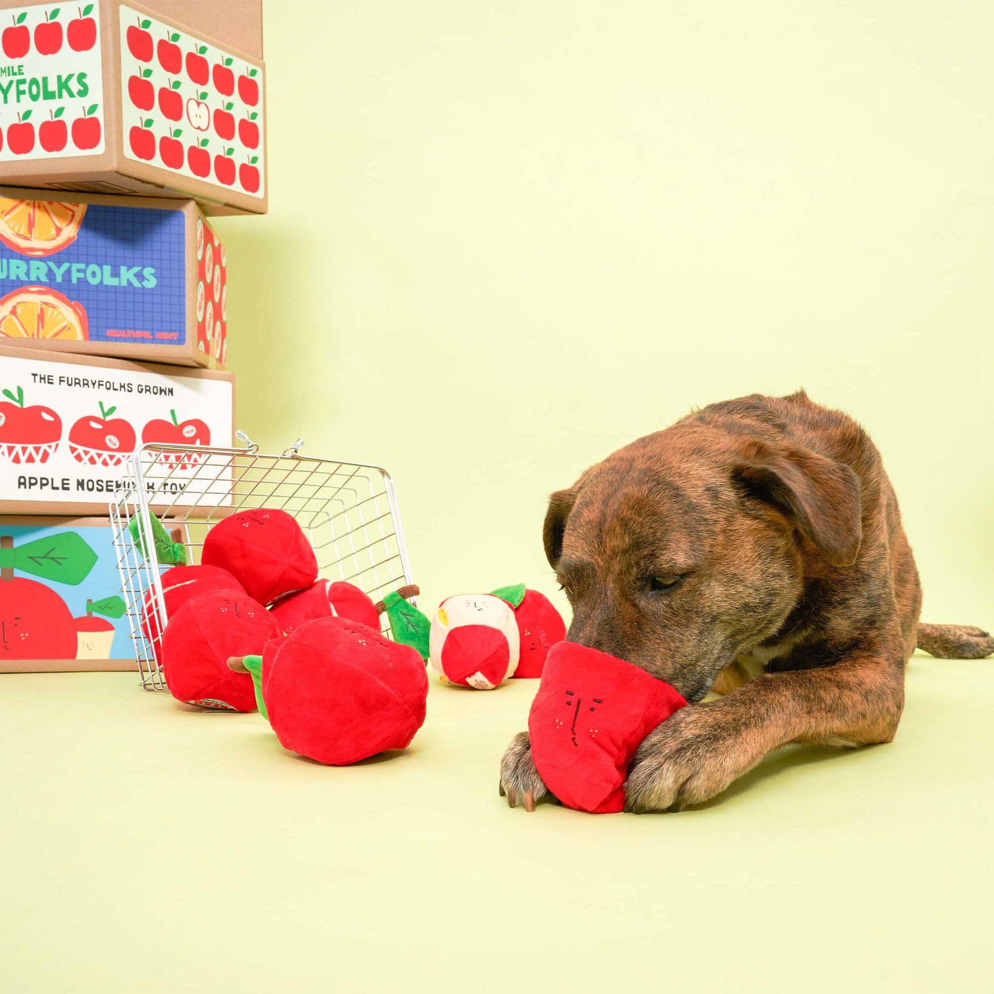 A brown dog lying down, chewing on a red apple-shaped dog toy, with more toys and a shopping cart nearby, and stacked boxes labeled "The Furryfolks Apple Nosework Toy" in the background.