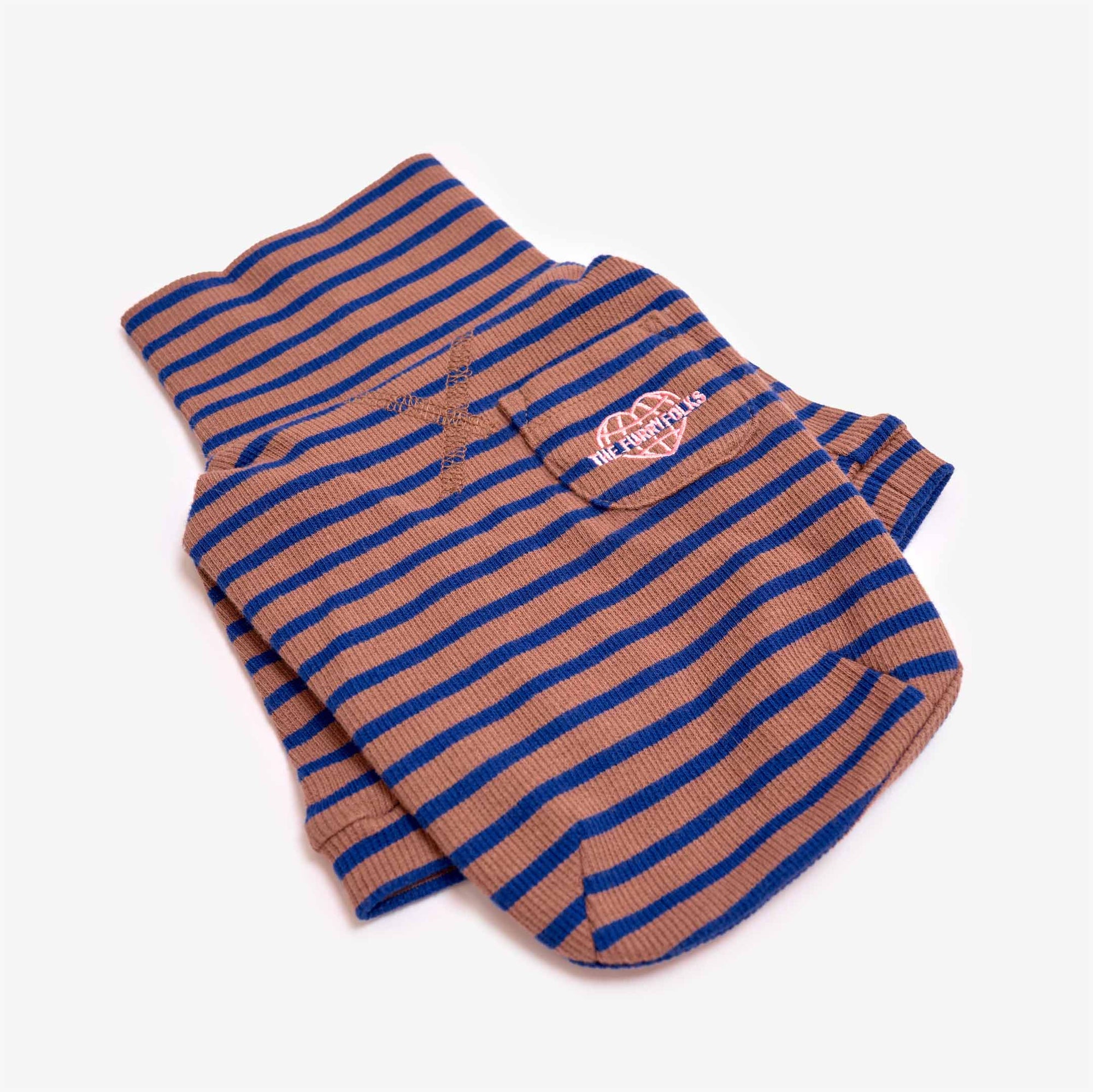 Cobalt and Brown striped dog shirt with heart logo, designed for a stylish and snug pet fit.