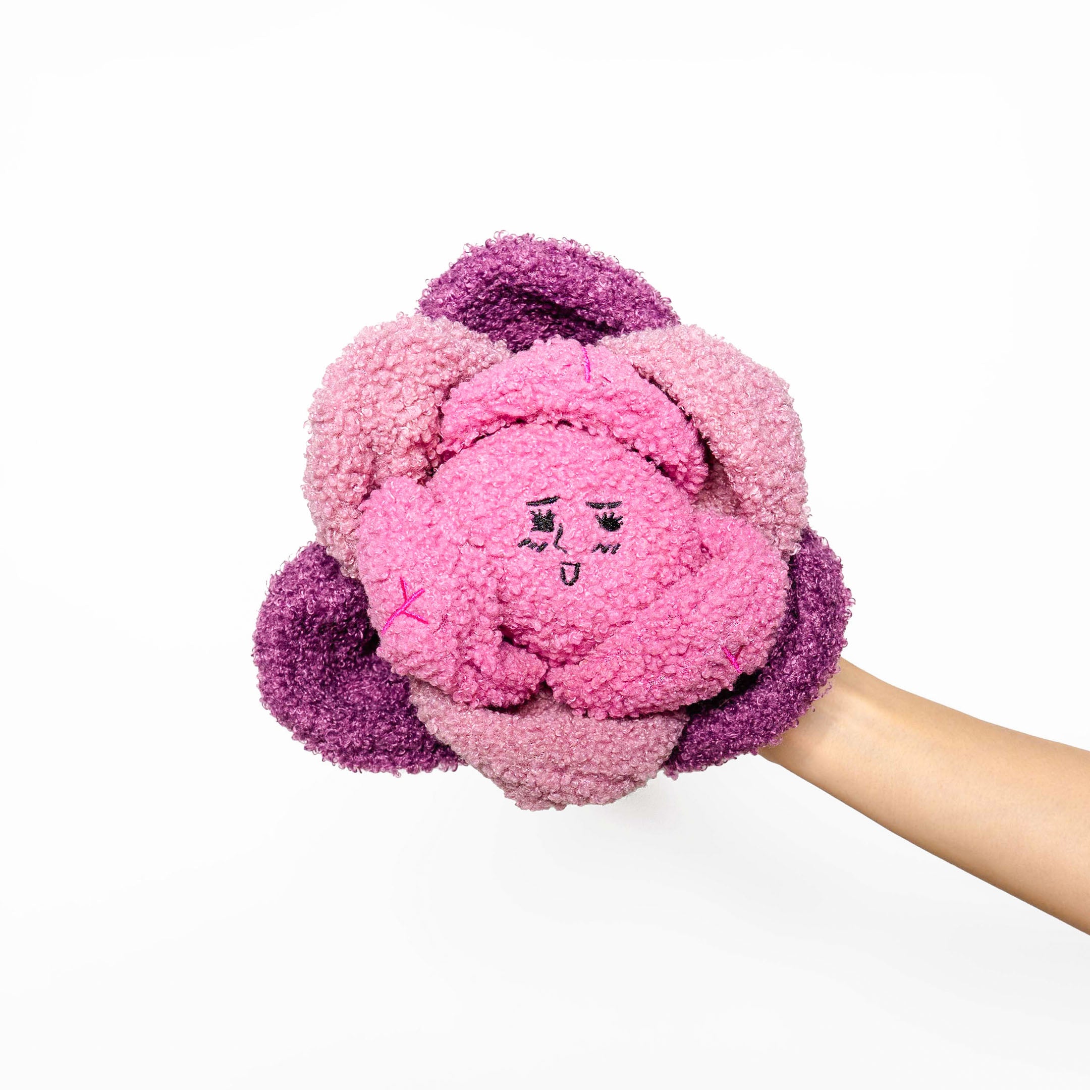 The image displays a hand holding a plush red cabbage shaped dog toy, predominantly in shades of pink with purple accents. The toy features a sleepy face embroidered on the central bulb, surrounded by soft, petal-like layers that add texture and visual interest. The bright colors and tactile elements are designed to appeal to dogs for play and engagement. Set against a white background, the toy's colors pop, suggesting a fun and engaging design for a pet's playtime.