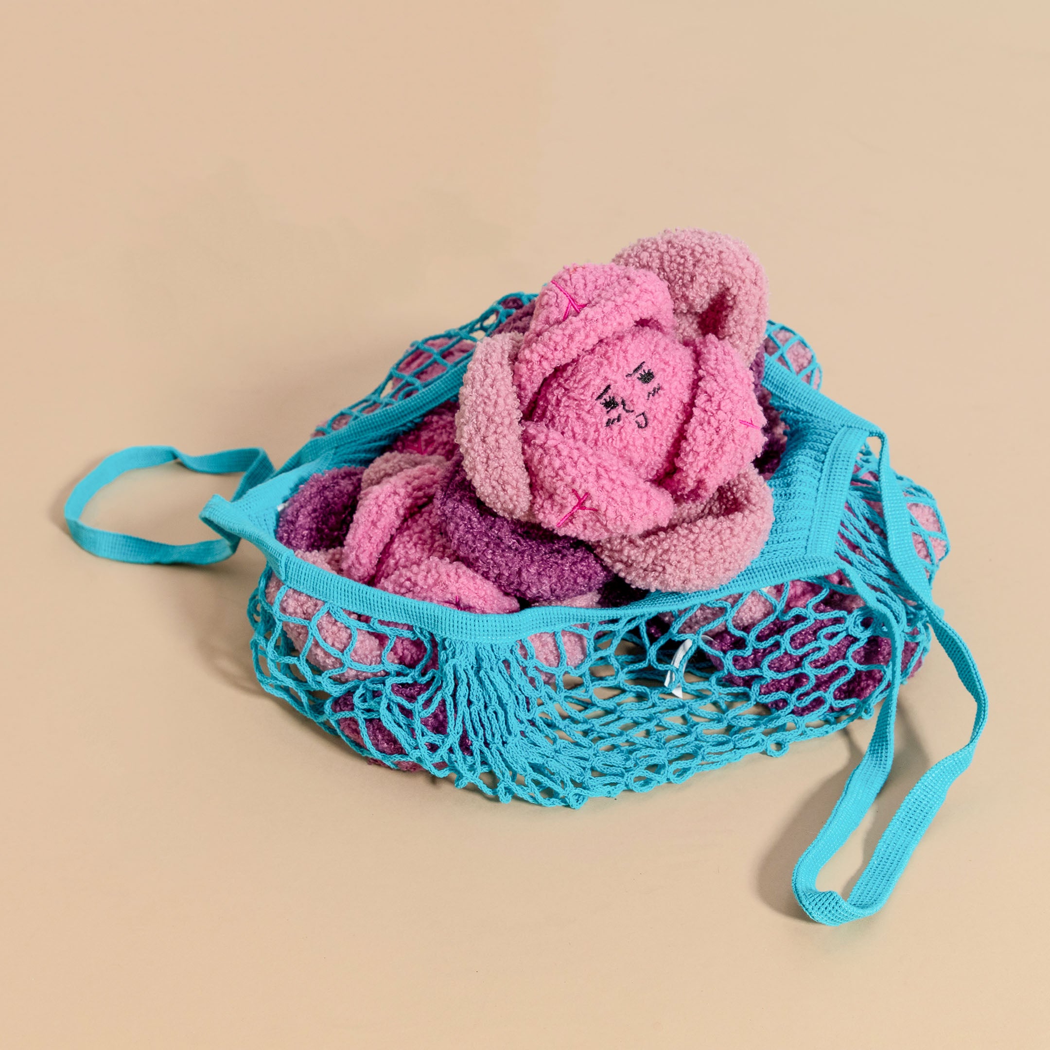 The image features a turquoise net bag containing plush Red Cabbage shaped dog toys in pink and purple. The toys have a cozy and textured appearance, with a sleepy face embroidered on the front, designed for pet engagement and play. The contrast of the bright net bag against the beige background emphasizes the playful nature of the toys, hinting at a fun and interactive experience for pets. The net bag adds a practical touch for storage and transport of the toys.