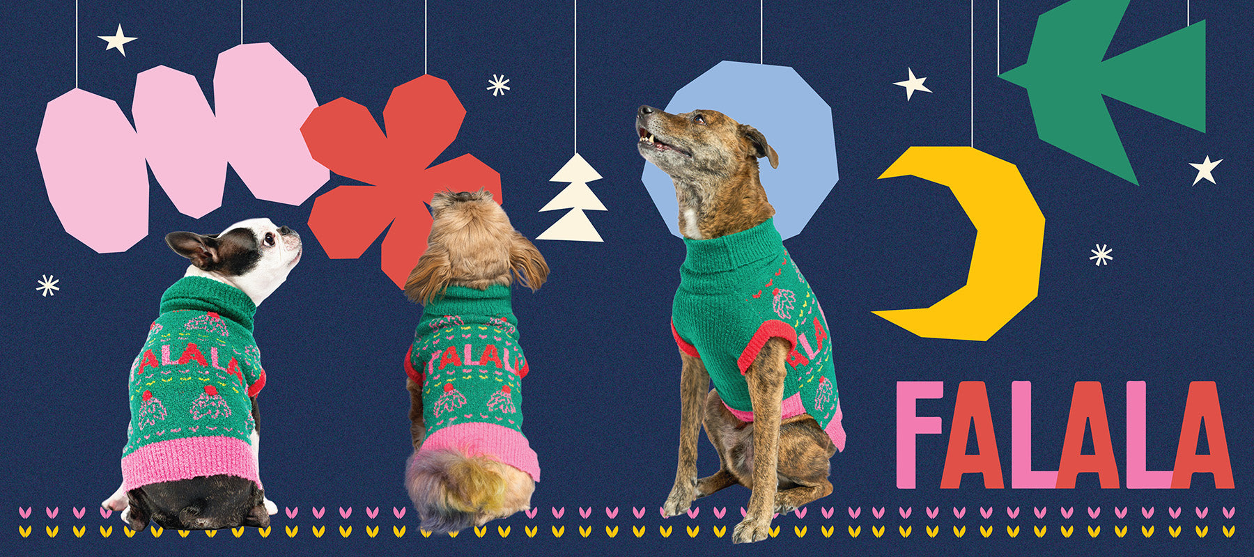 Three dogs wearing festive sweaters with colorful decorations and 'FALALA' text on a dark blue background.