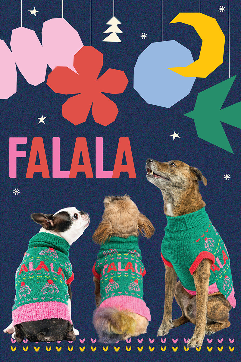 Three dogs wearing green sweaters with 'FALALA' text against a colorful abstract background.