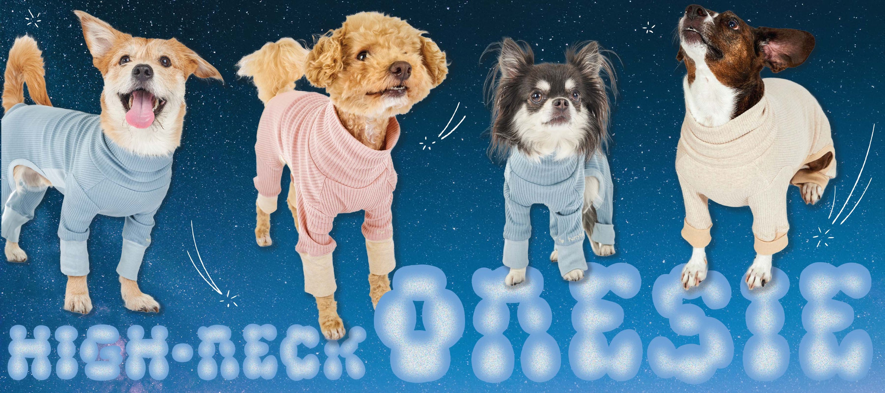 Four adorable dogs wearing cozy, ribbed high-neck onesies in pastel blue and pink colors. Set against a starry night background, each dog showcases a unique personality in their stylish outfit, perfect for chilly weather. Bold, fluffy text at the bottom reads 'HIGH-NECK ONESIE.