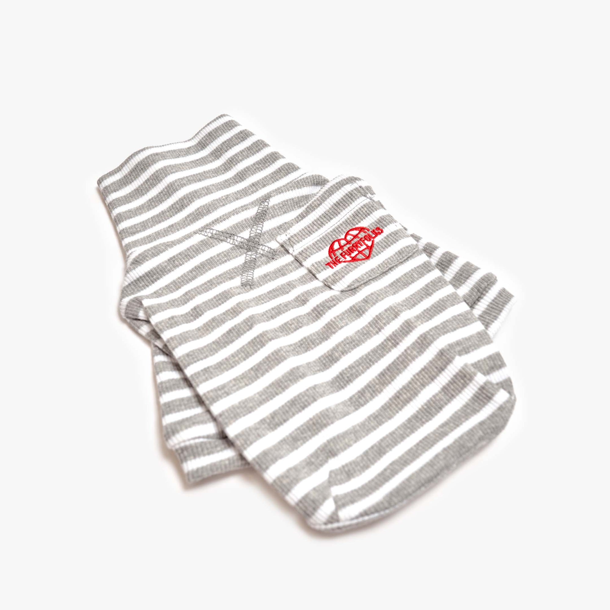 Heather Gray & Ivory  striped dog shirt with heart logo, designed for a stylish and snug pet fit.