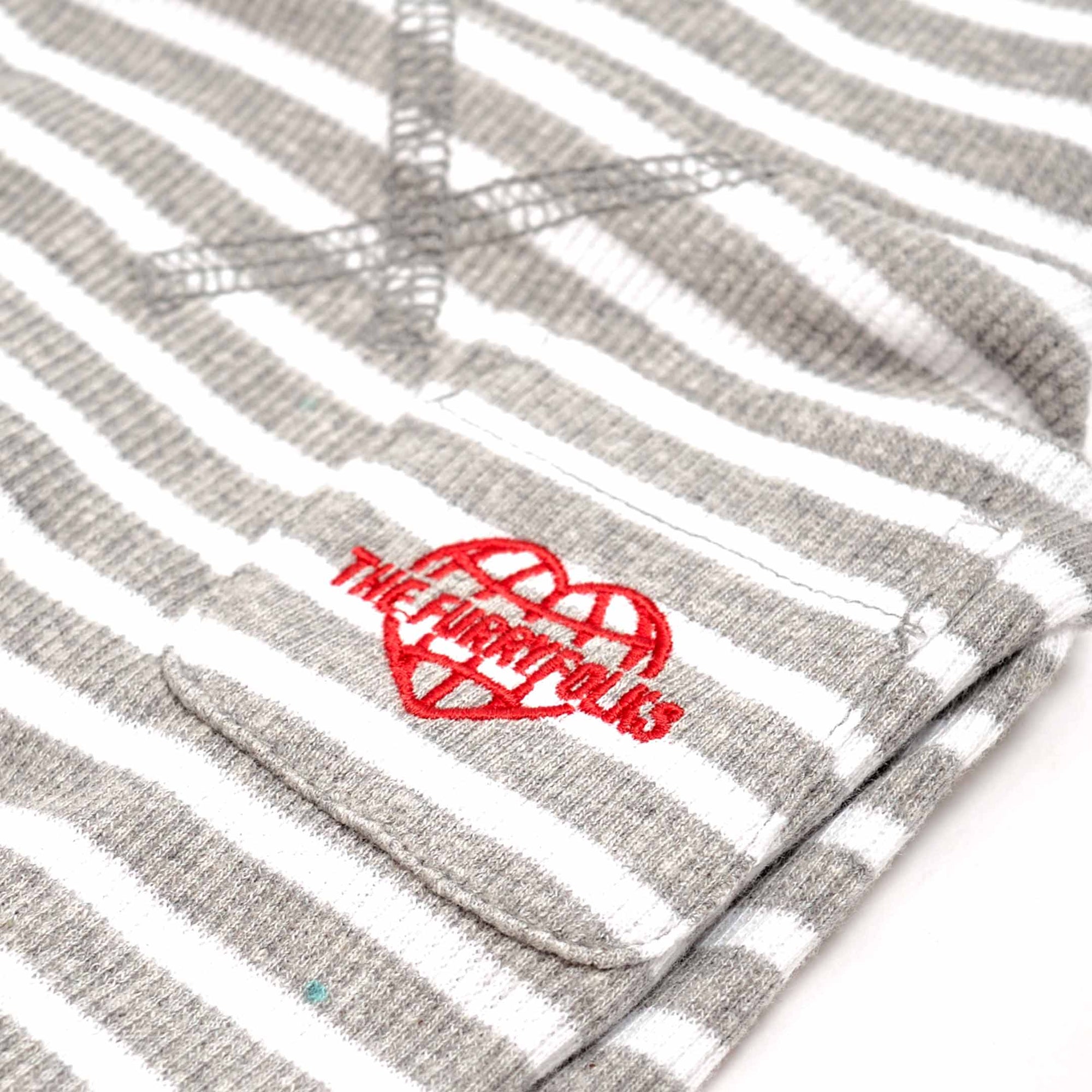 Detail of a Heather Gray & Ivory  striped dog shirt featuring 'THE FURRYFOLKS' logo, embodying pet-friendly fashion.