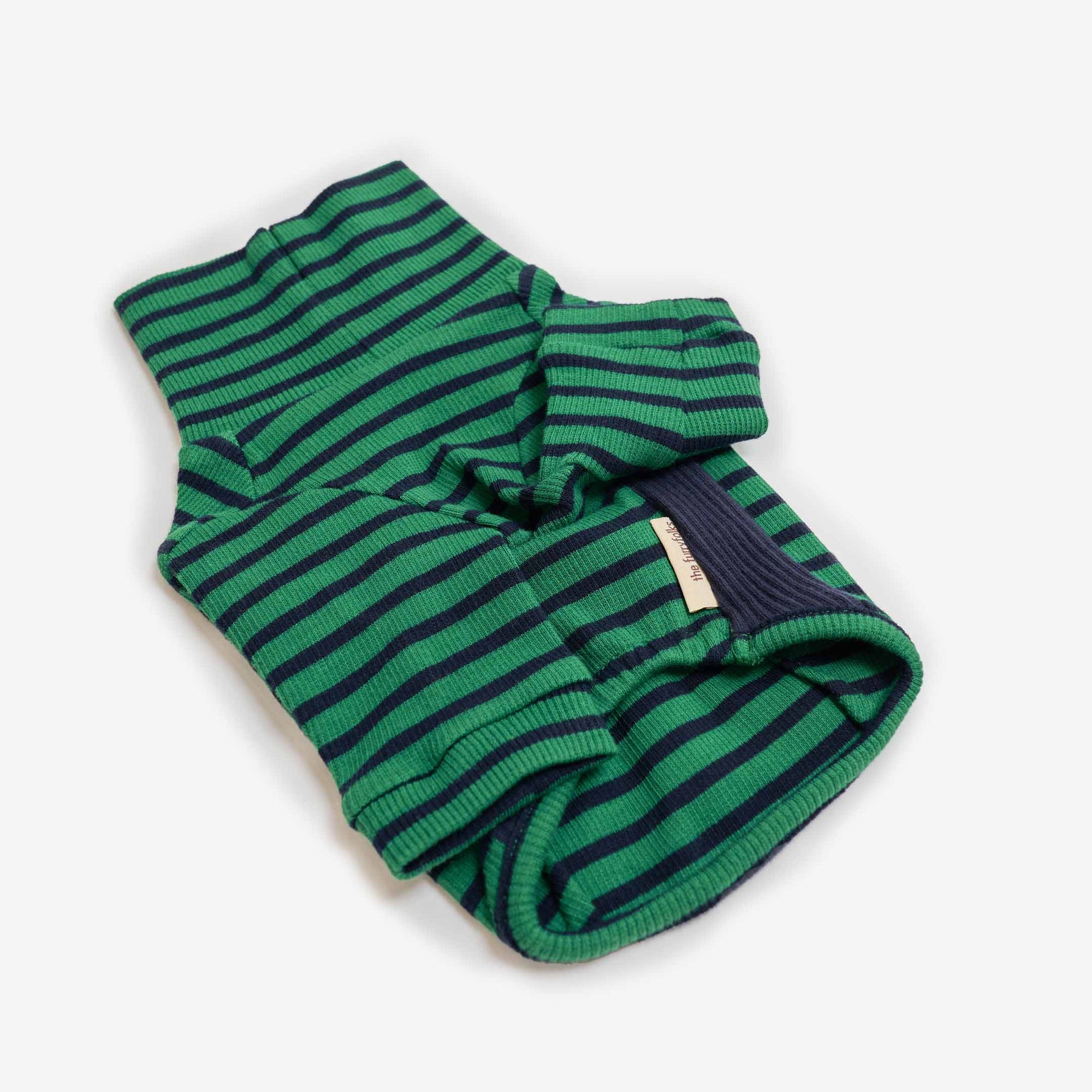 Chic green and navy striped turtleneck shirt for dogs, featuring a comfortable stretch fabric and a classy label.