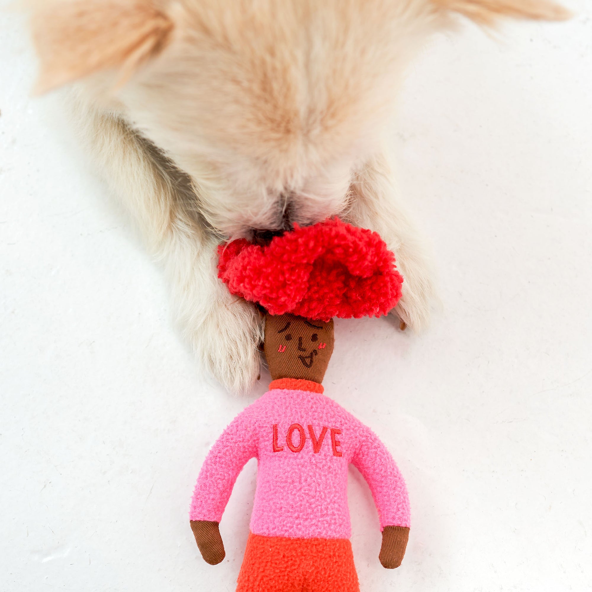 The image captures a dog, with cream-colored fur, engaging with a red-haired, doll-shaped nosework toy against a white background. The toy is wearing a pink shirt with "LOVE" written on it, and orange pants. This scene illustrates the dog’s interaction with the toy, possibly searching for treats inside, while showcasing the toy's vivid colors and playful design intended to stimulate the dog's sense of smell and cognitive skills.