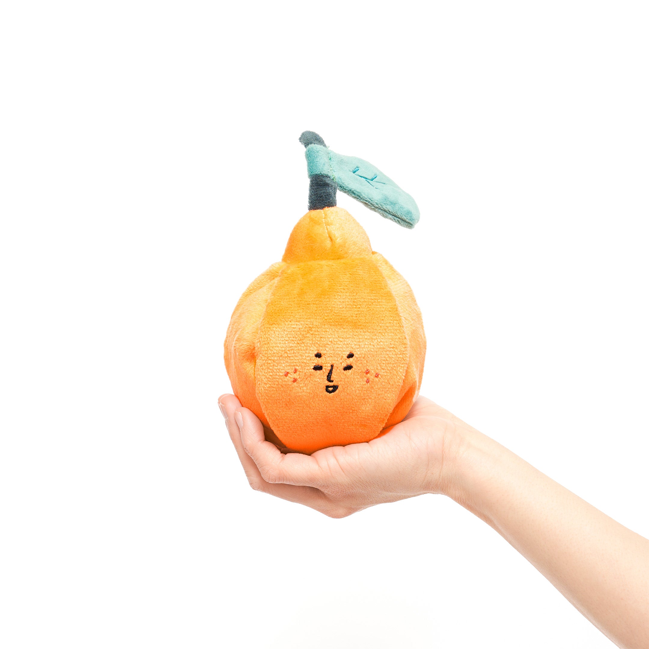 A person's hand holding a cheerful orange-shaped dog toy with a teal stem on a white background.