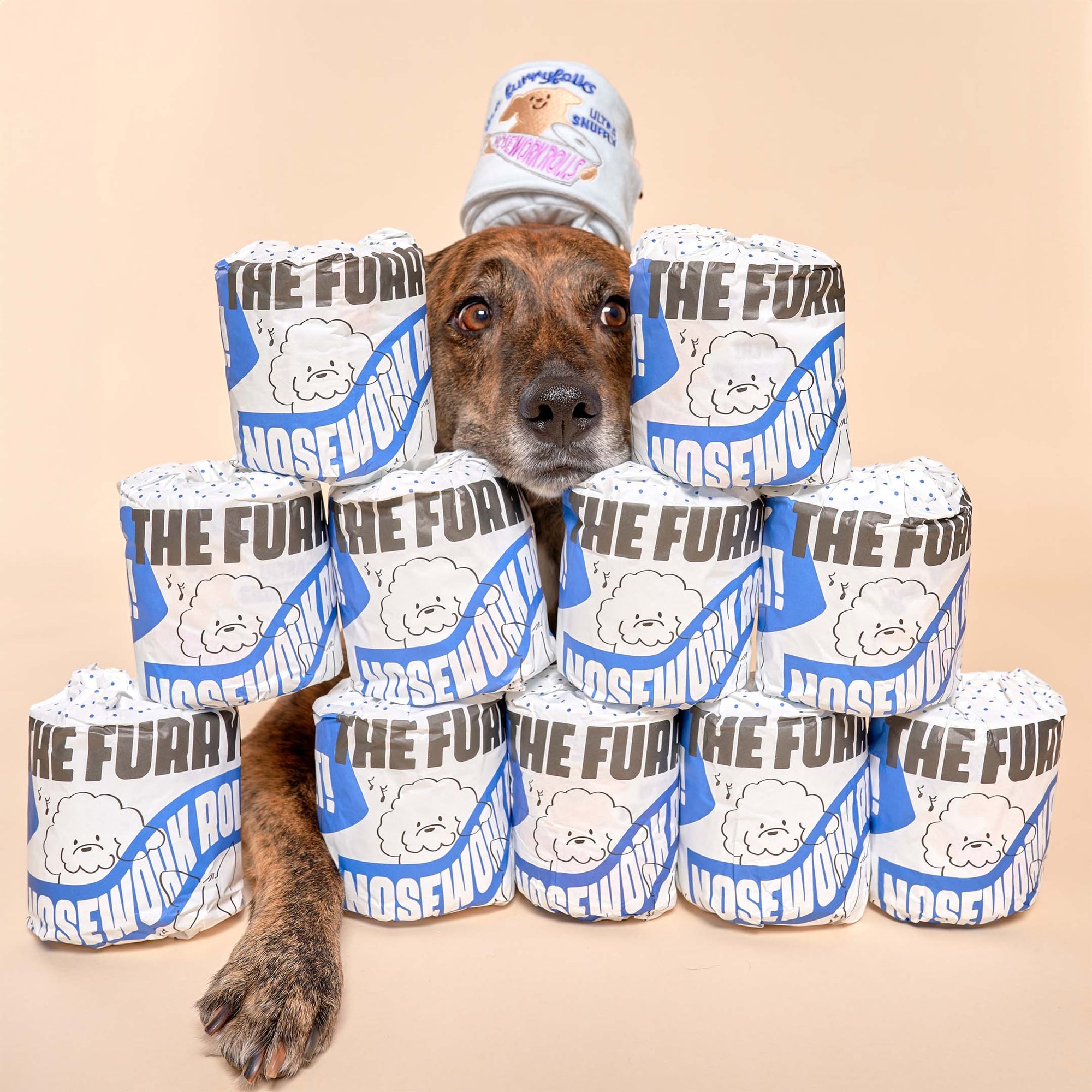 The photograph features a brindle dog peeking through a stack of rolled-up fabric toys, each branded with "THE FURRYFOLKS NOSEWORK ROLLS" and adorned with an illustration of a fluffy dog. The toy rolls are arranged in a pyramid-like structure with the dog's head humorously positioned at the top, wearing one of the rolls like a hat. This playful setup highlights the product's design and the dog's curious nature. The warm beige background complements the colors of the dog and the products.