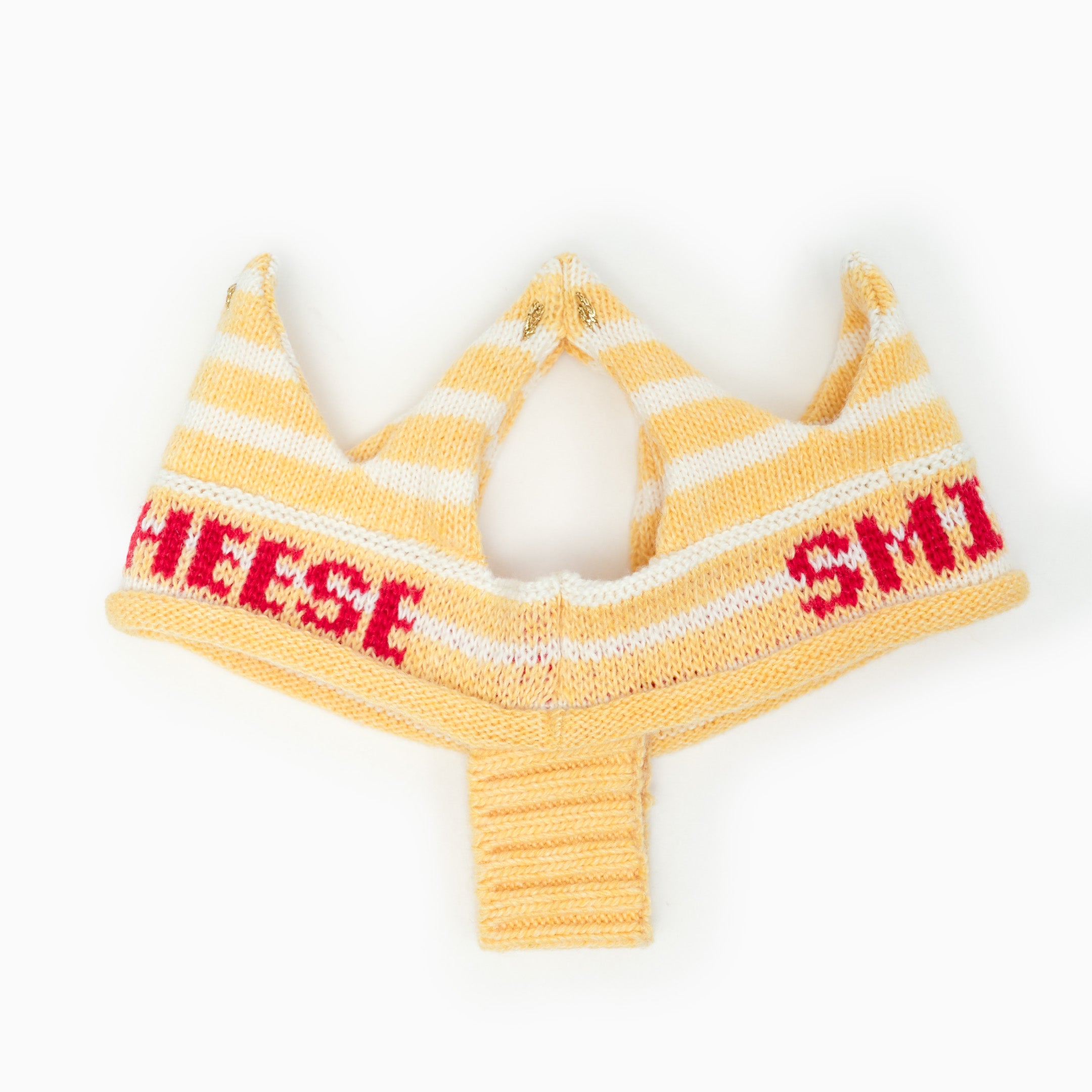 Yellow and white striped dog muzzle with red text on a white background