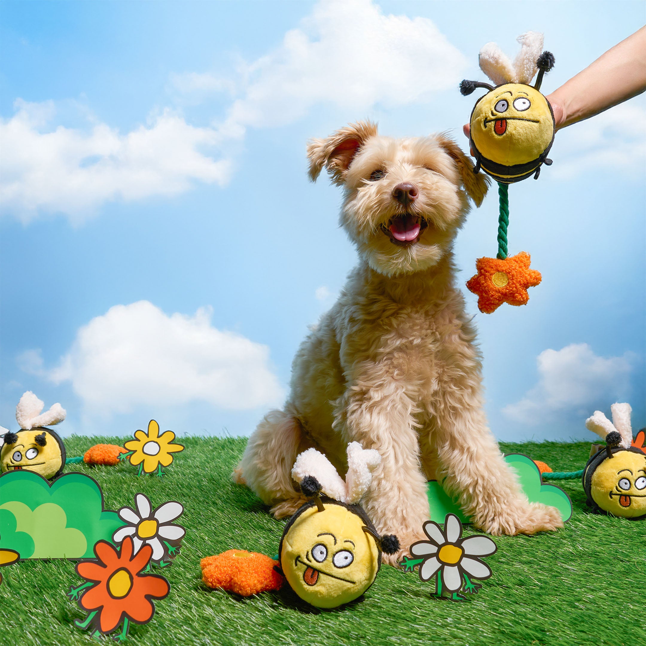 Dog playing with bee-shaped toys on a grassy field with a blue sky.