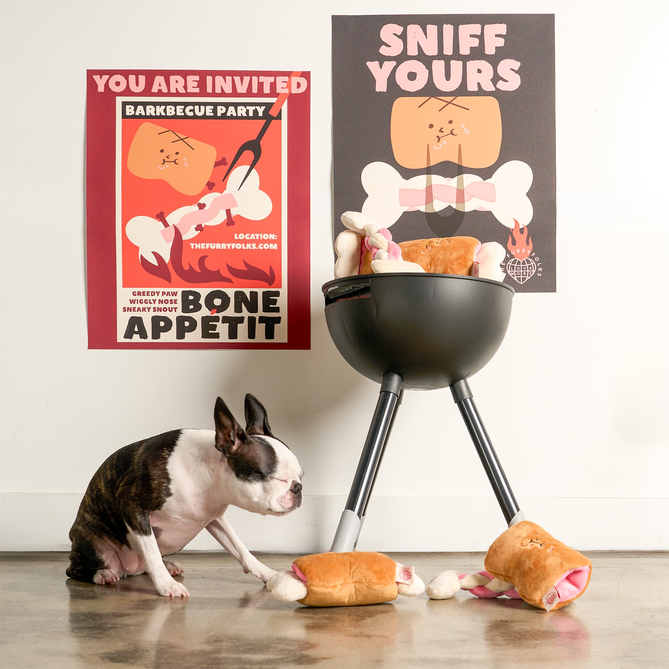 Dog with a small barbecue and posters on a wall
