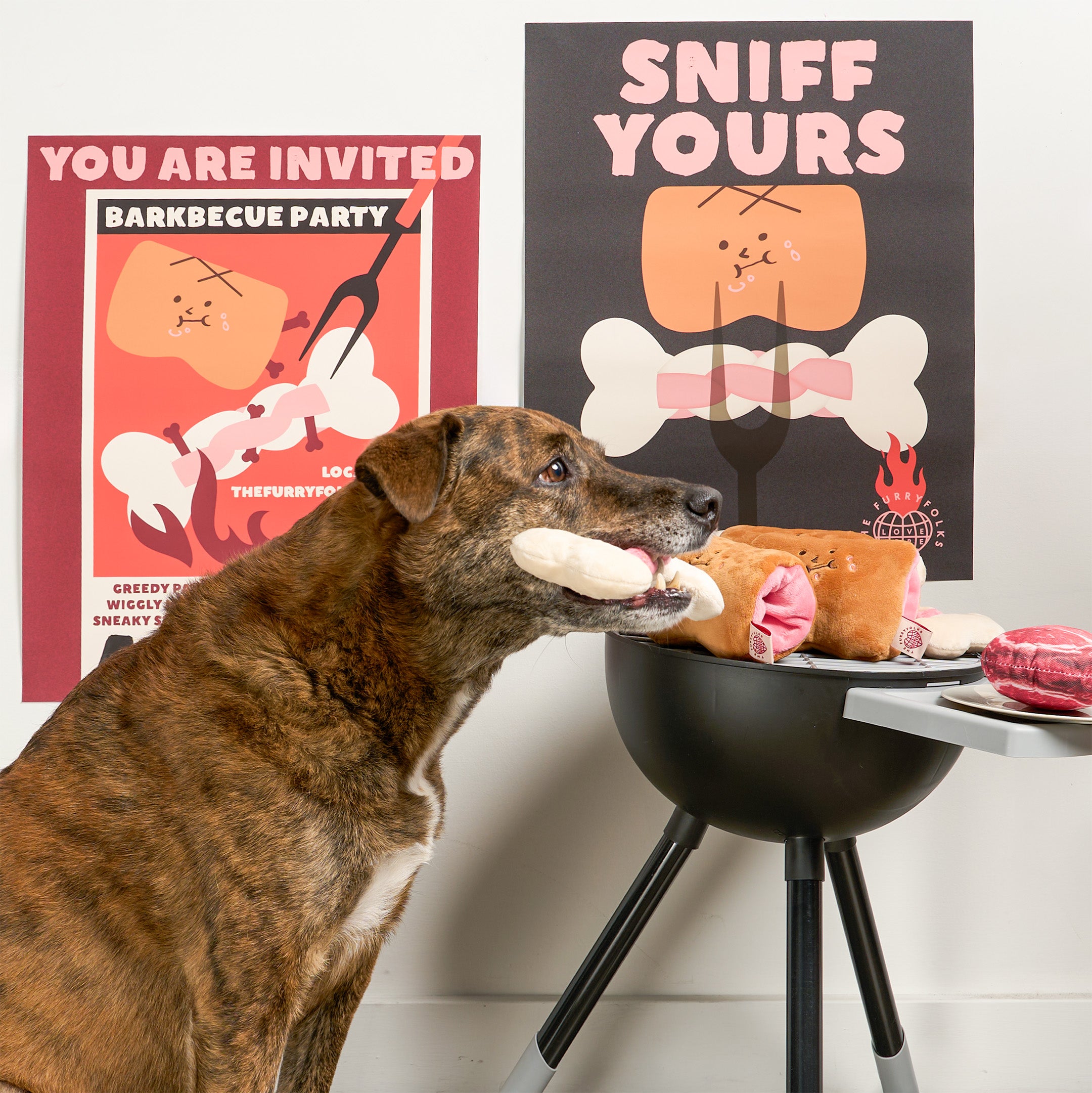 Dog playing with a toy grill and food items, with humorous posters in the background.
