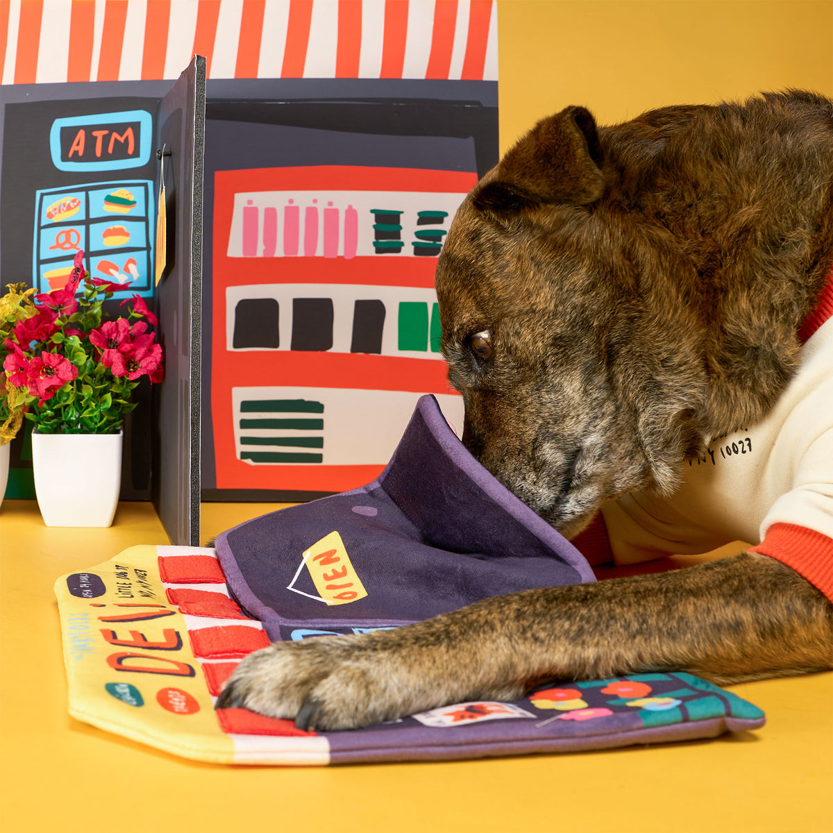 Brindle dog sniffs beneath the purple door flap of the Deli Nosework mat while holding it steady with a front paw on a yellow floor.