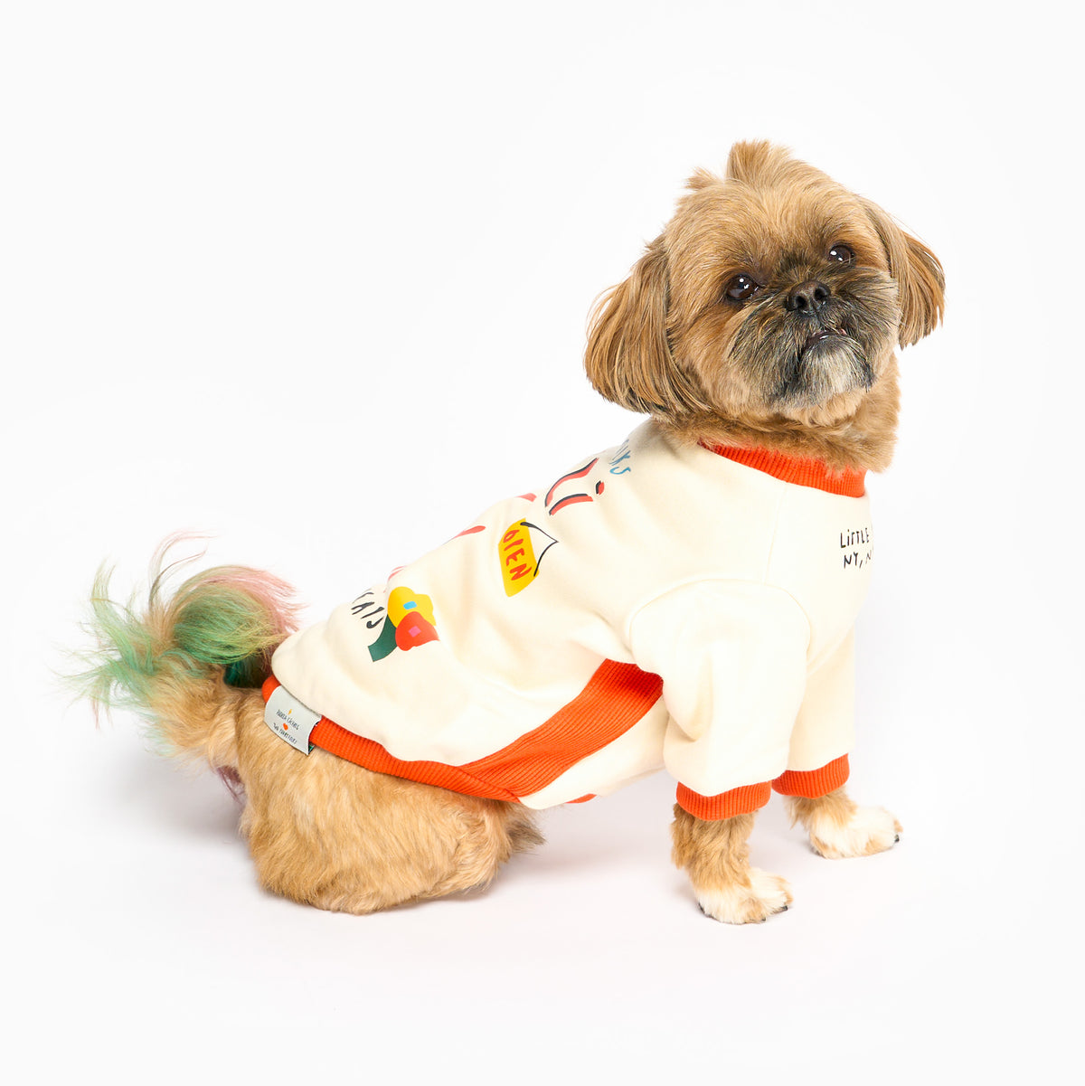 A small tan dog with green and pink tail highlights sits sideways, looking toward the camera in a cream shirt with orange trim and colorful deli graphics against a white background.