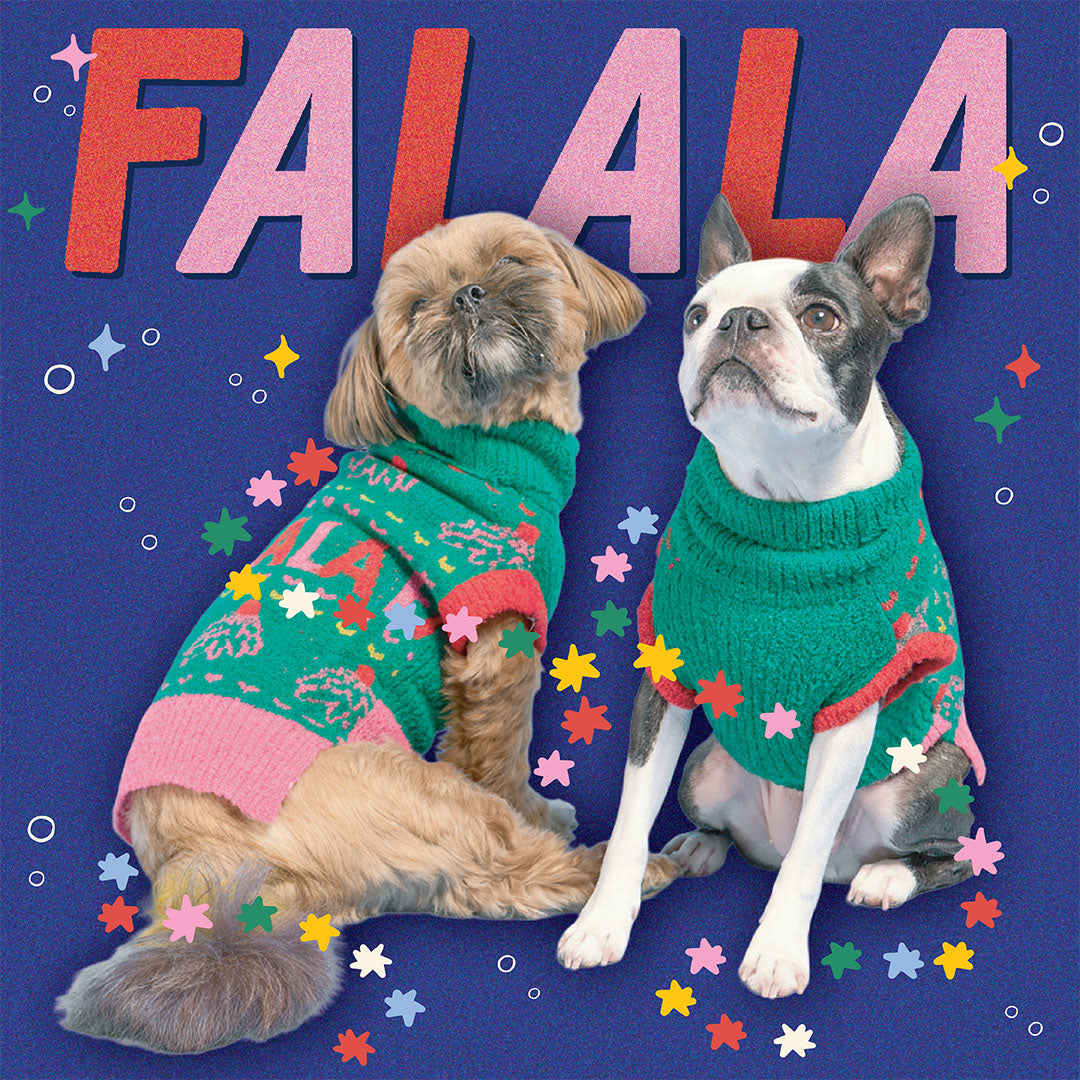 Two dogs wearing colorful sweaters with 'FALALA' text on a blue background with star decorations.