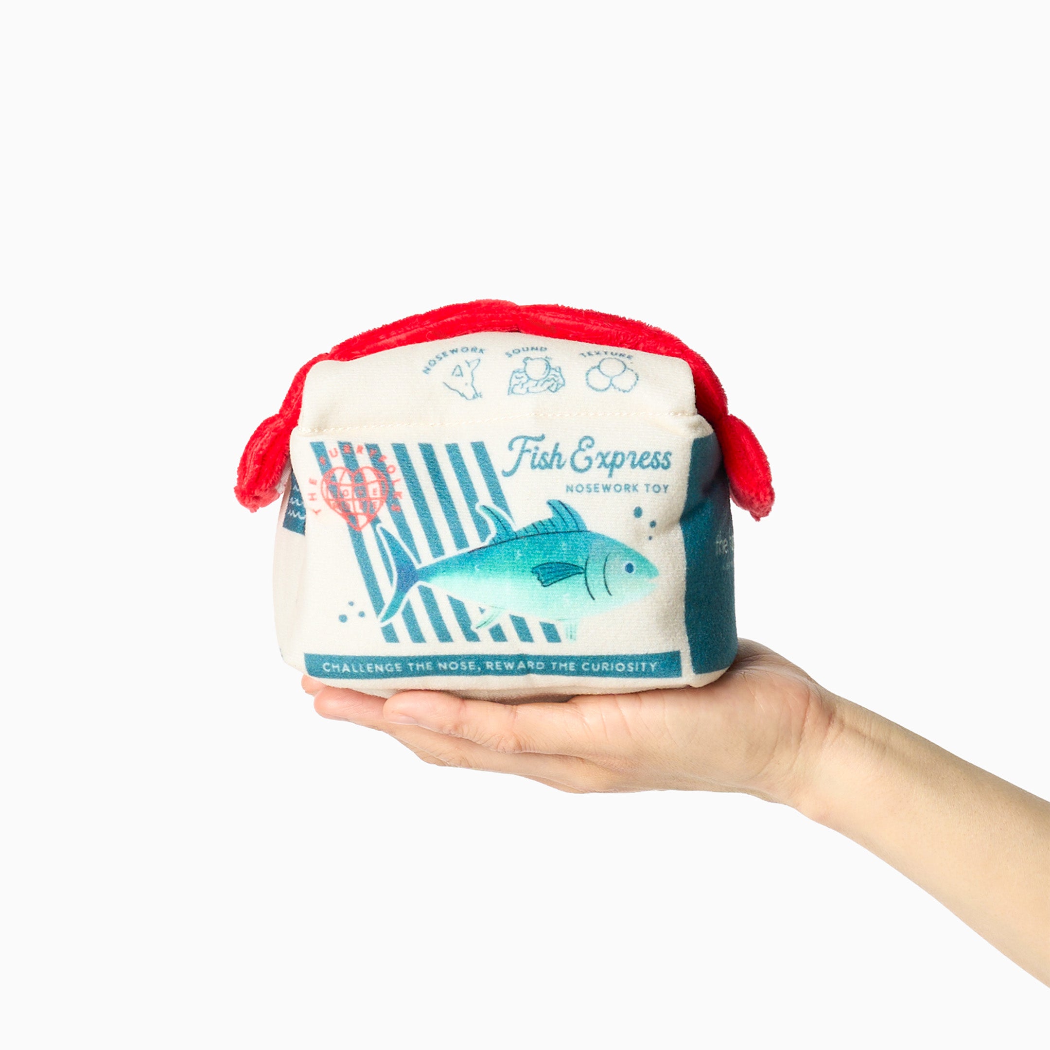 Hand holding a small pouch with 'Fish Express' branding on a white background