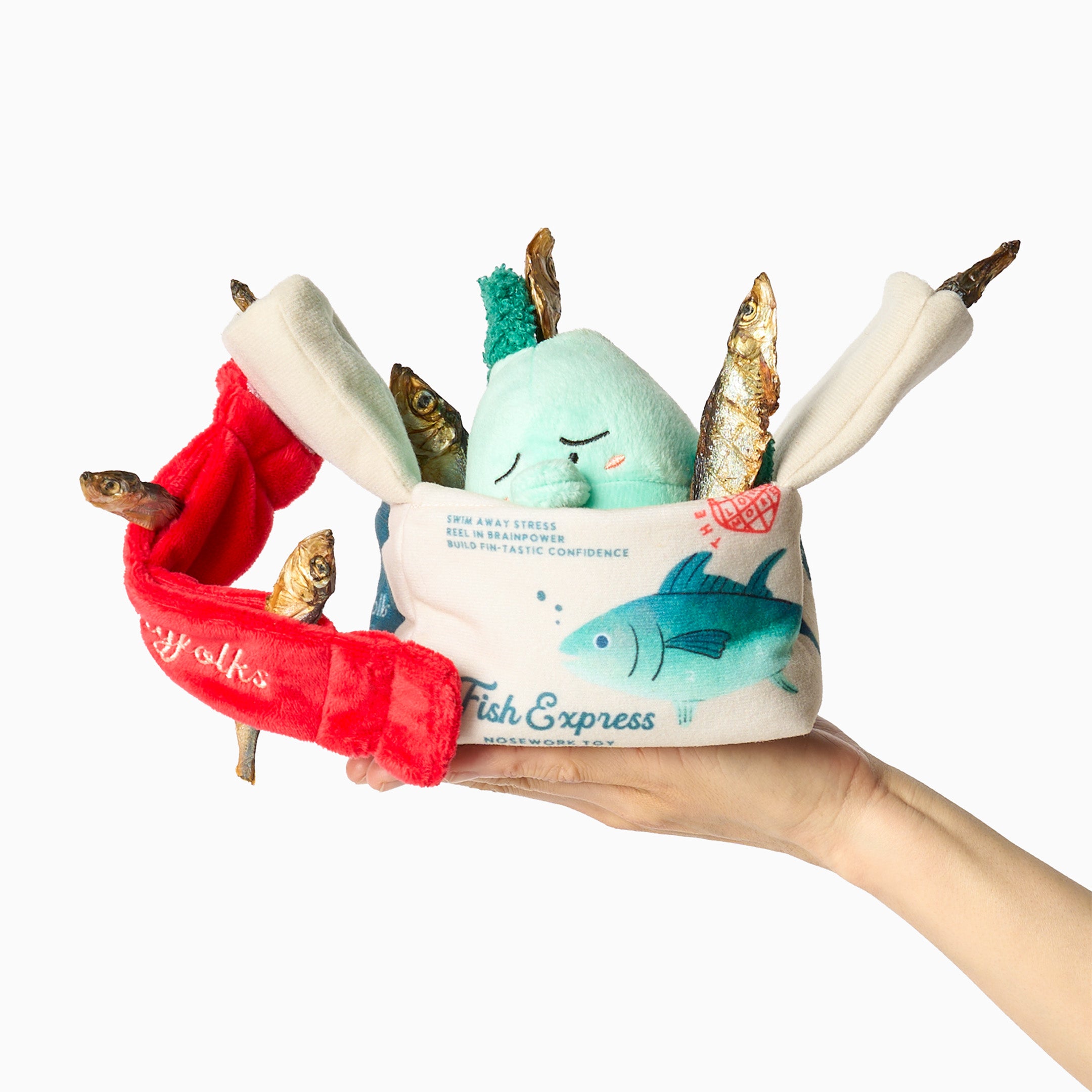 Hand holding a plush toy with a fish-themed design on a white background