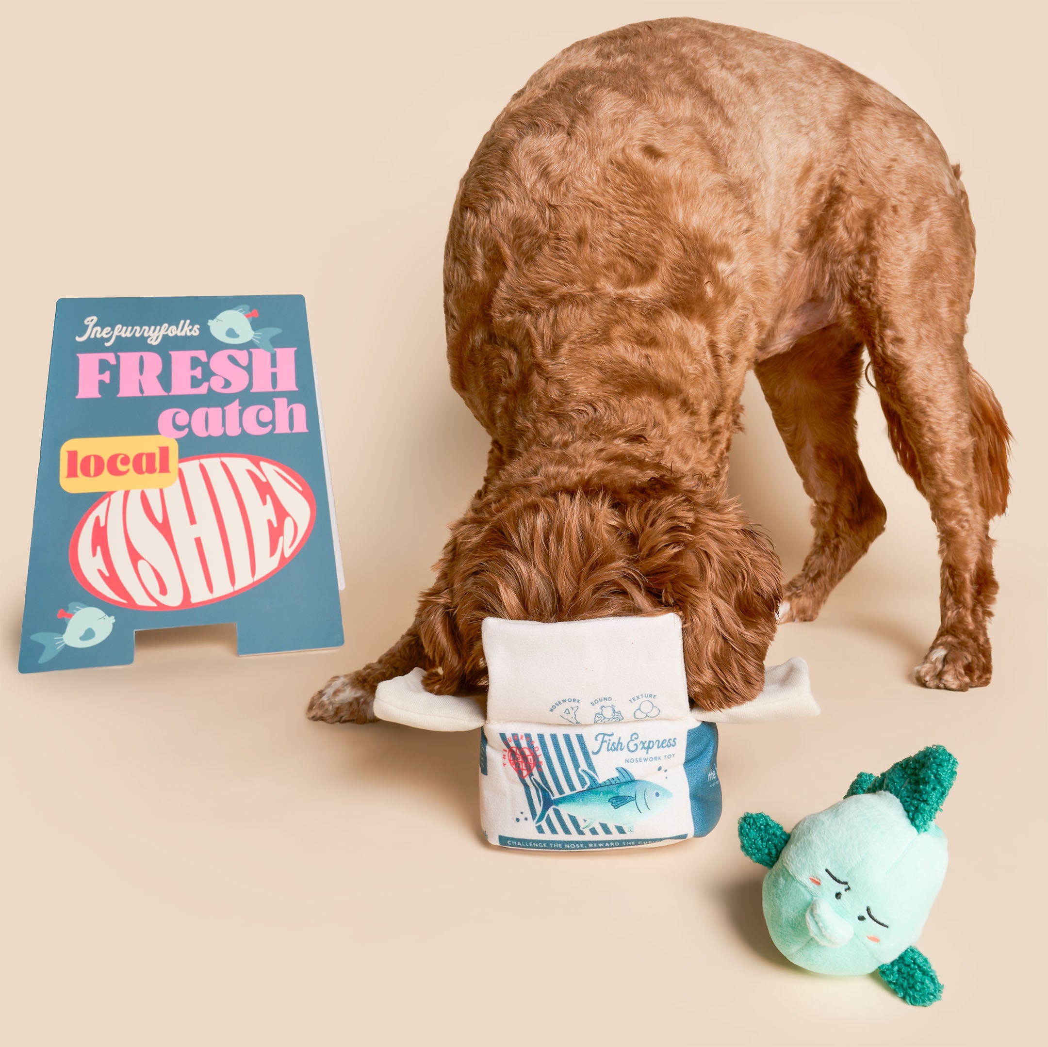 Dog sniffing a package with a fish-themed design on a beige background