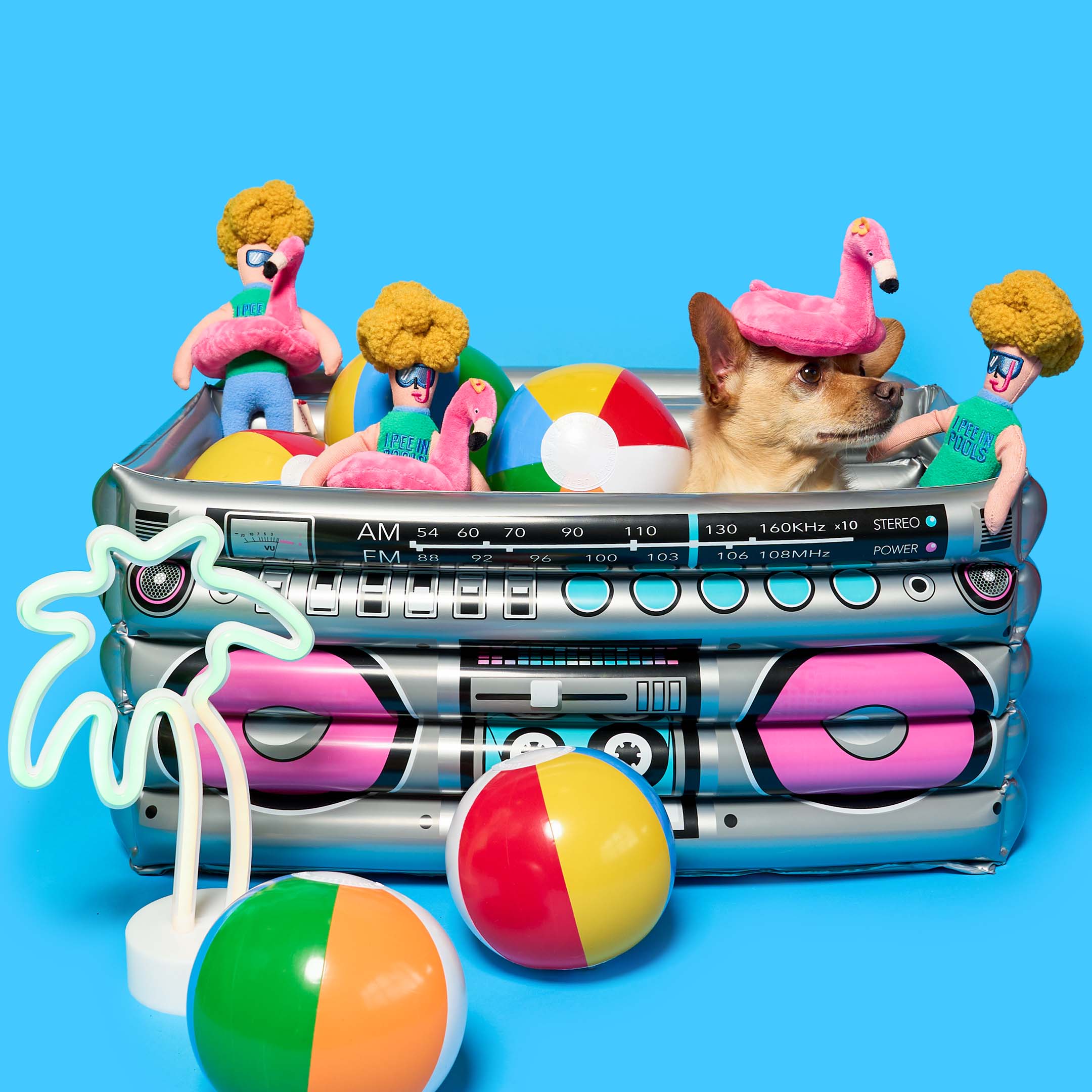 A small dog surrounded by Flamingo Hooman plush toys, colorful beach balls, and a neon palm tree light inside an inflatable boombox pool, wearing a flamingo float toy on its head.