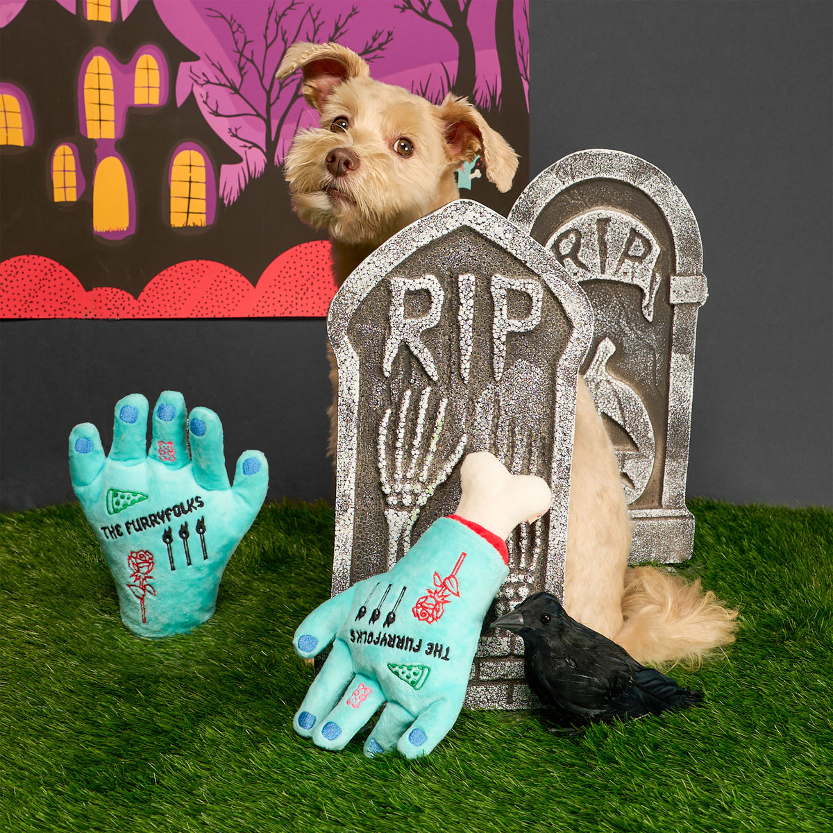 A tan dog peeking around Halloween tombstones beside turquoise Lost Hand nosework toys.