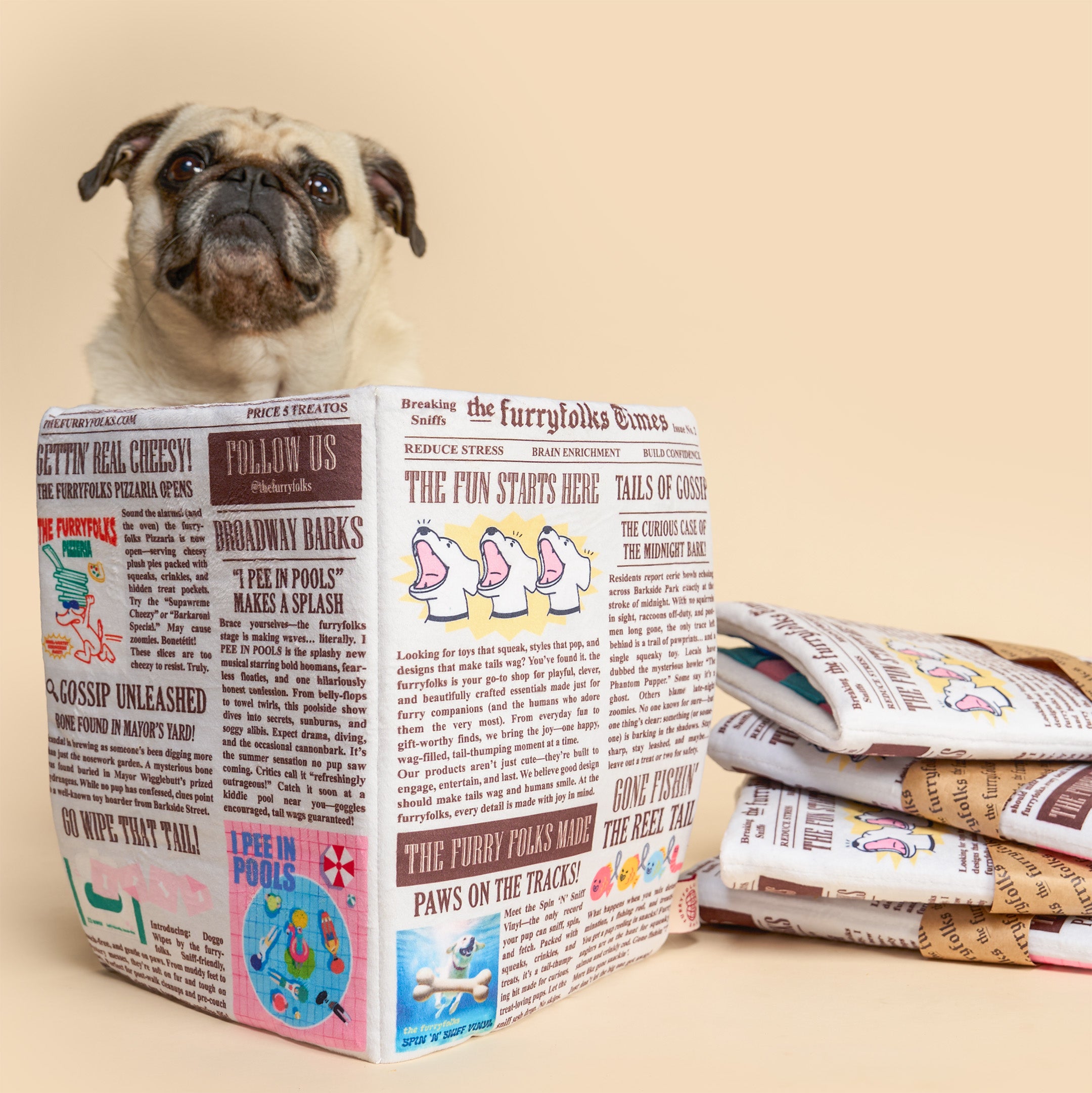 A small pug sits behind a novelty dog toy shaped like a newspaper, with folded matching newspaper-style toys stacked to the right on a plain beige studio background.