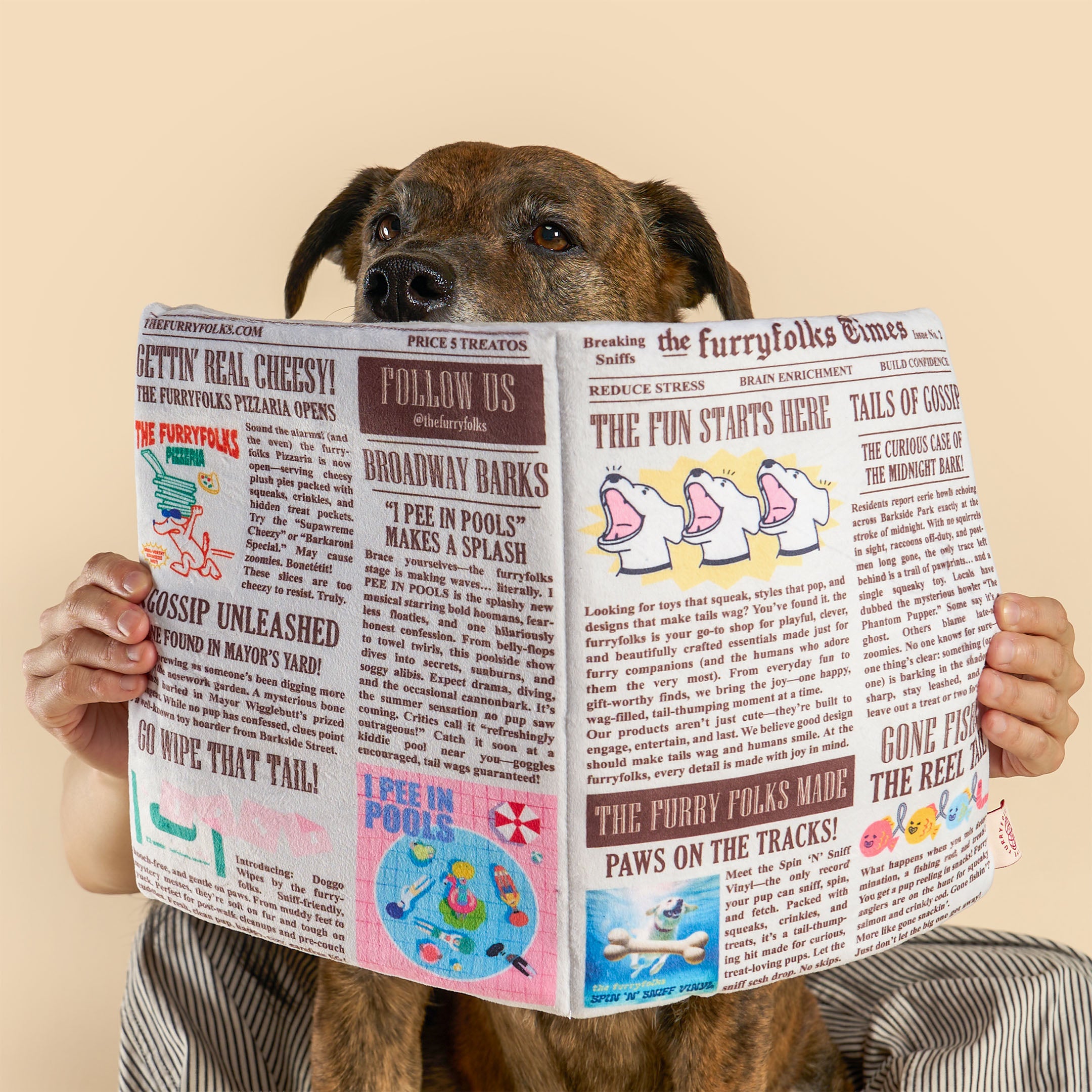 A brown dog holds a printed newspaper in front of its face, with human hands visible on both sides. The dog is wearing a gray and white striped shirt against a plain beige studio background.