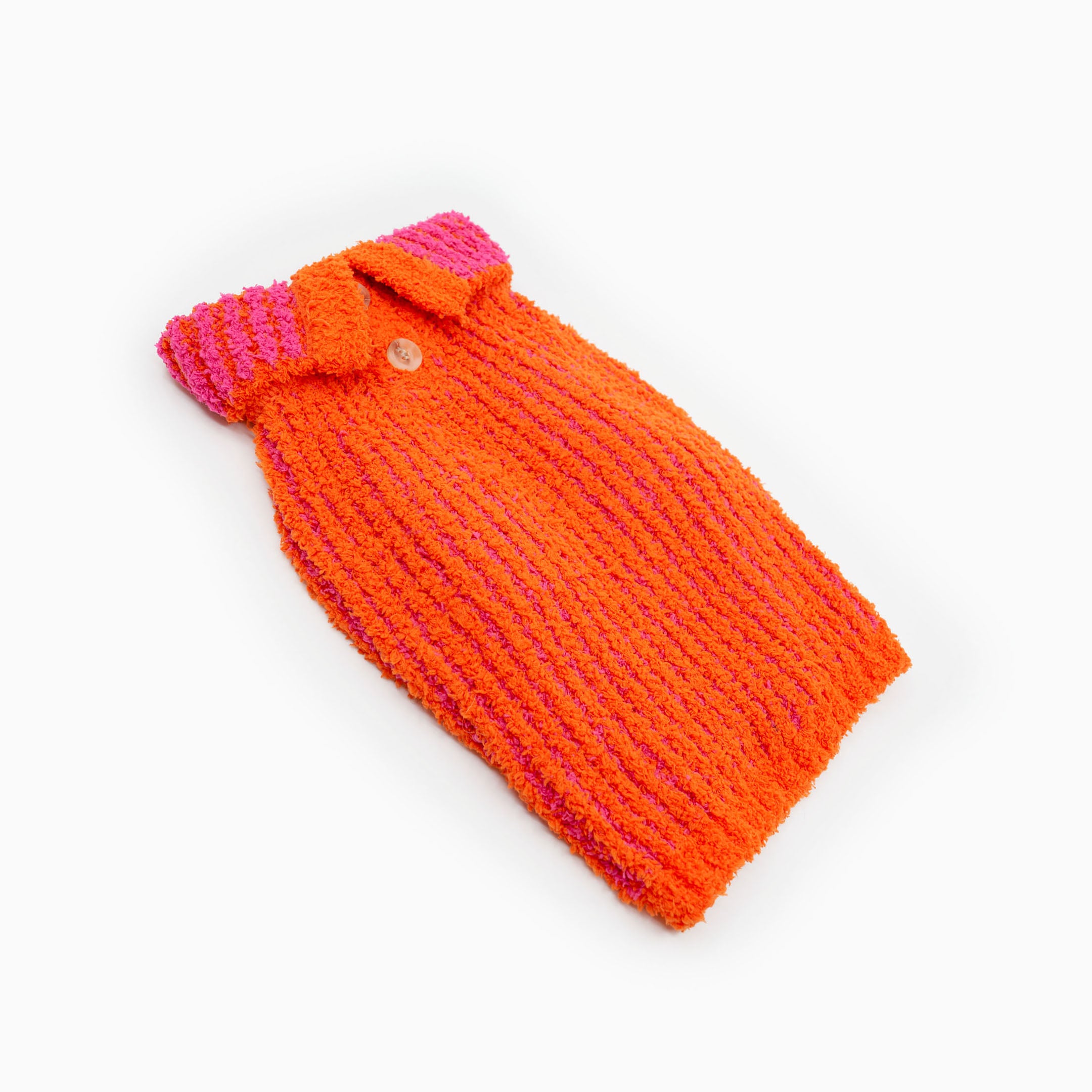 Bright orange knit dog sweater with pink stripes and a collar, featuring a button detail. This cozy and vibrant sweater is perfect for adding a pop of color and warmth to your furry friend's wardrobe.