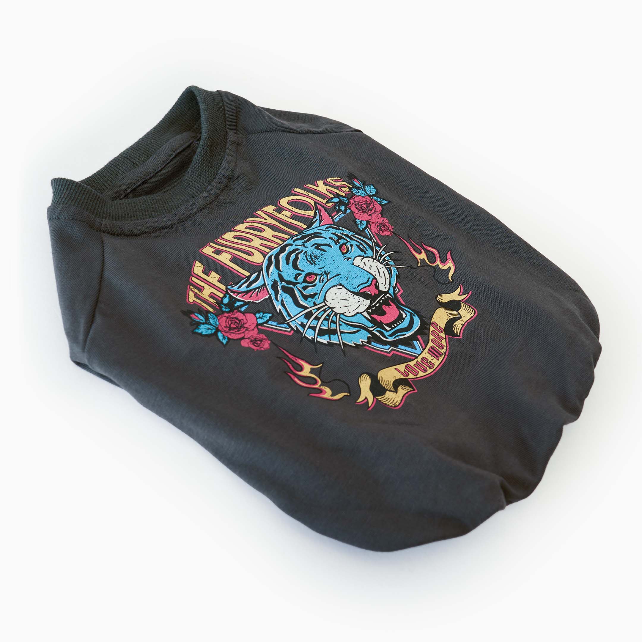 Dark gray dog sweater featuring a bold graphic design of a vibrant blue tiger surrounded by roses, flames, and banners. The artwork includes the text ‘The Furryfolks’ in a stylized font, emphasizing a striking and playful aesthetic for furry pals.