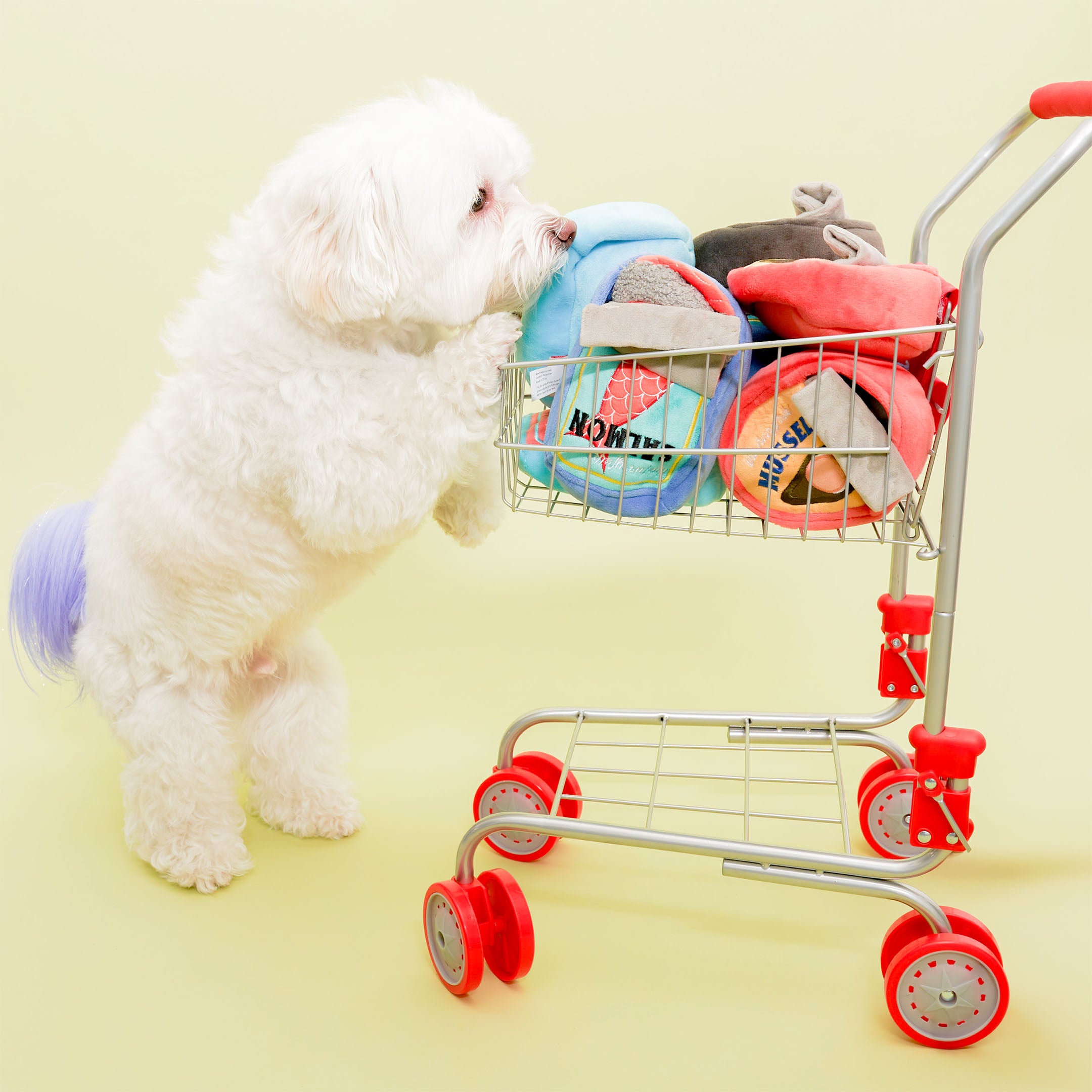 A small, fluffy white dog with a purple-tinted tail is standing on its hind legs, leaning on a small wire shopping cart filled with various plush dog toys. The toys are designed to look like canned foods with colorful labels, including designs resembling salmon, jamón (ham), and mussels. The dog appears curious and is sniffing the toys in the cart. The scene is set against a light yellow background.