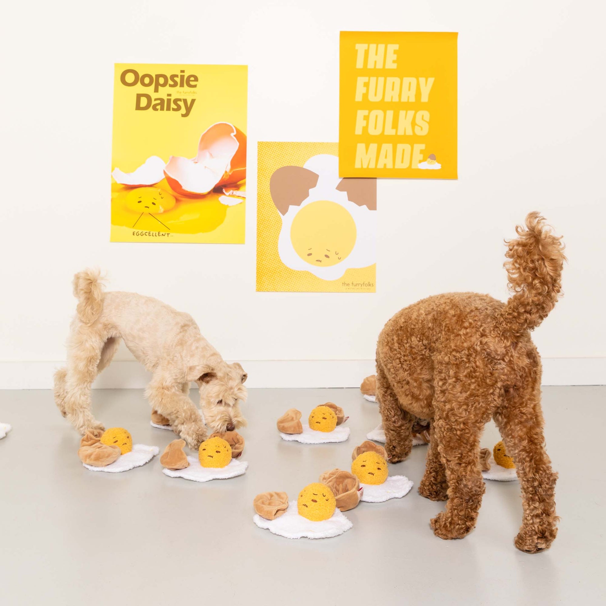 Two playful dogs engaging with 'The Furryfolks' brand interactive egg-themed dog toys on a white studio background, with bright yellow 'Oopsie Daisy' and 'The Furryfolks Made' posters adding a cheerful atmosphere to the playtime session.
