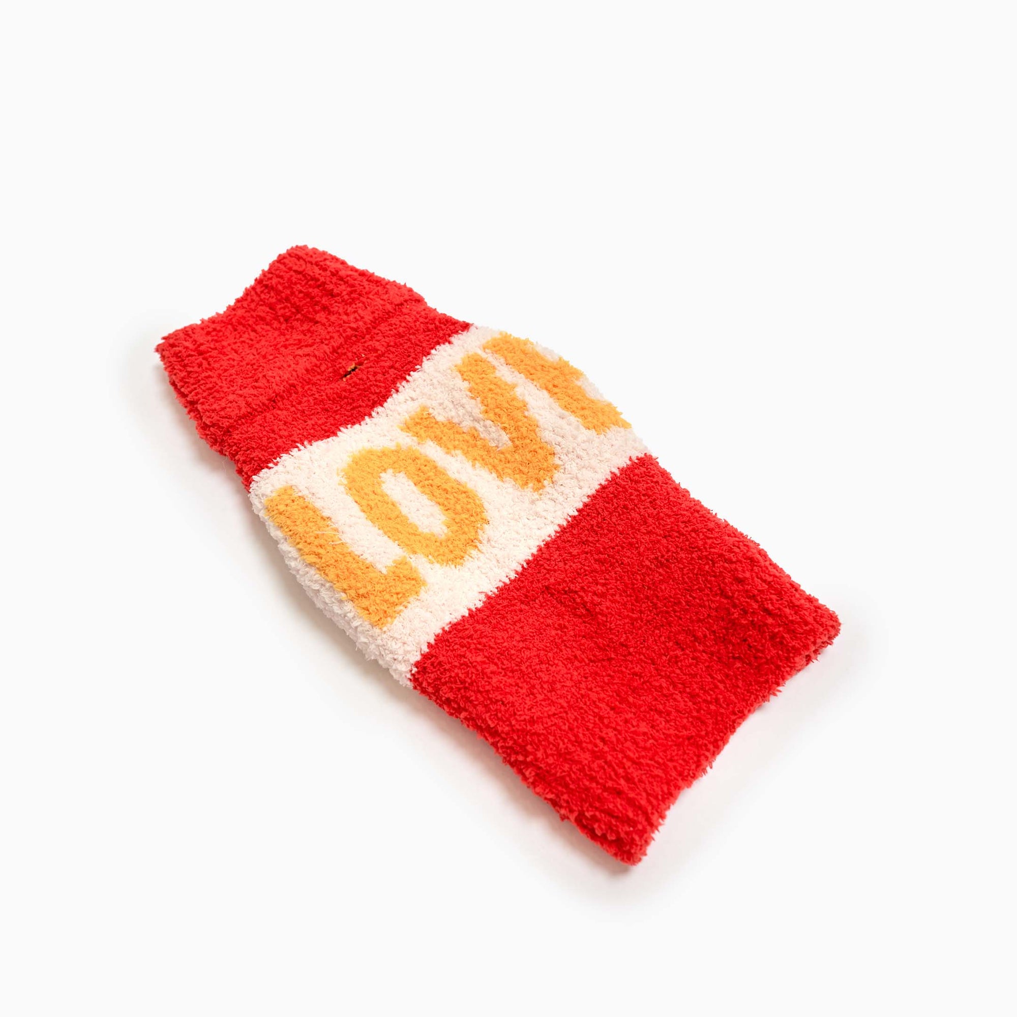  A red and white 'Love' dog sweater from The Furryfolks collection, displayed flat. The word "LOVE" is prominently featured in white on a red background.