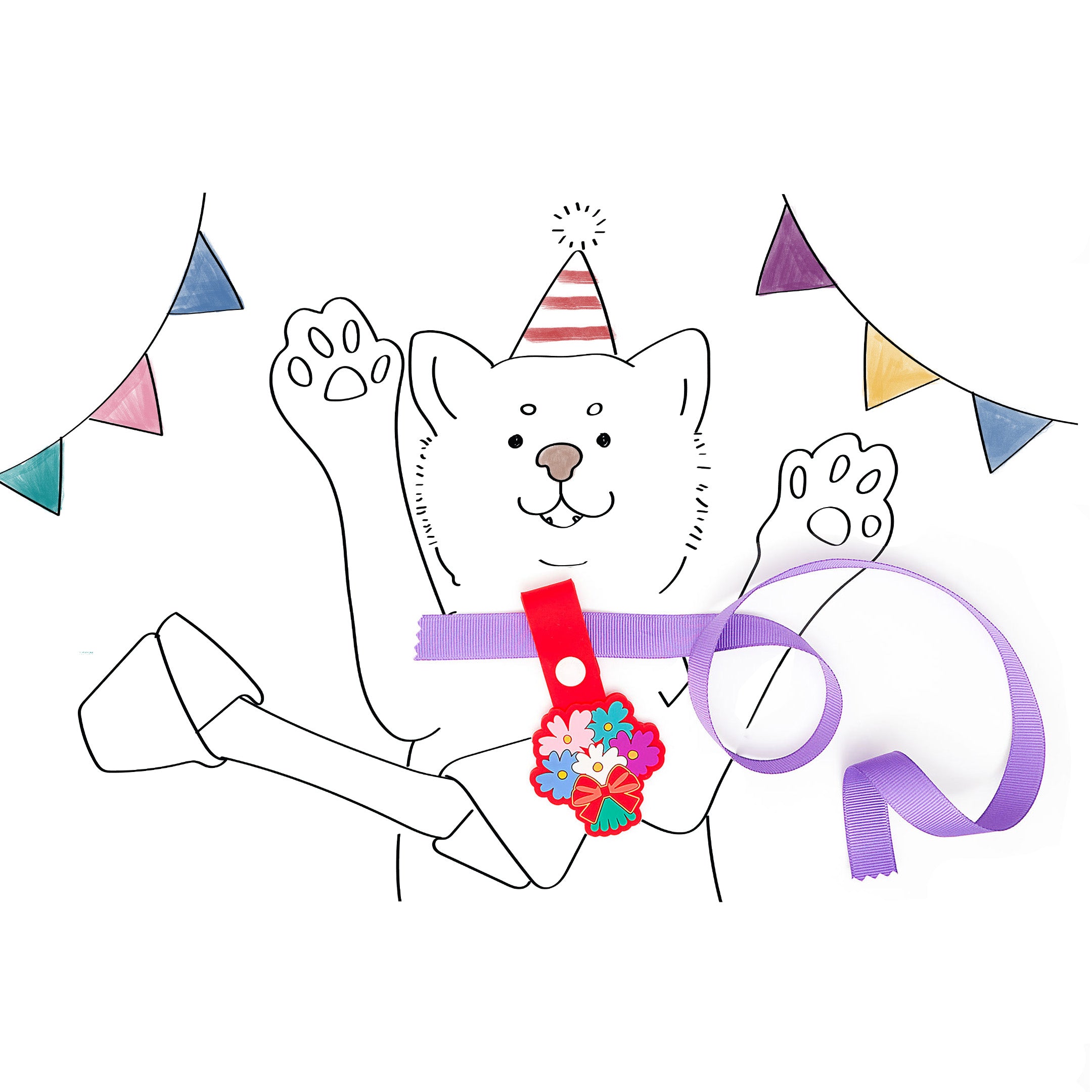 An illustration of a cartoon dog celebrating with a party hat and colorful bunting in the background, featuring a real red bouquet-themed tag with vibrant flowers and a purple ribbon.