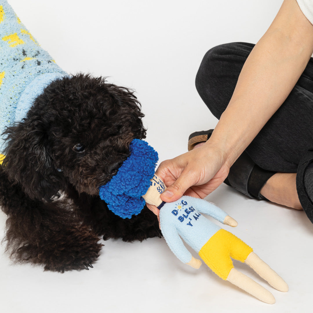 A curly black dog gently biting a blue and yellow human-shaped plush toy with 'Dogs by Tali' on the shirt, held by a person on a beige background.