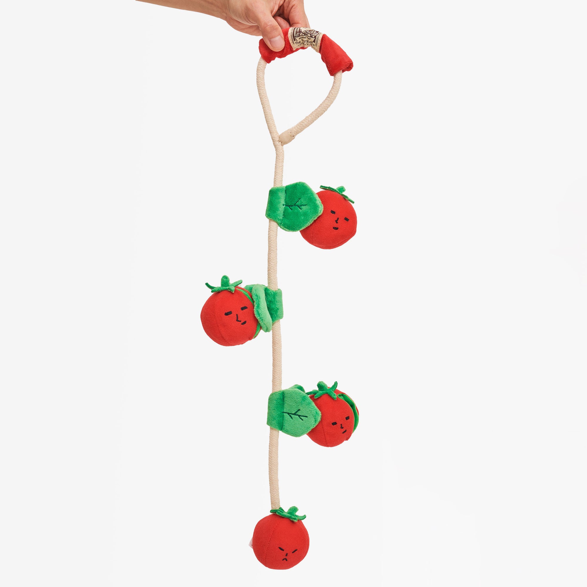 This is a playful toy featuring a string of plush tomatoes, each with a cute face. The tomatoes are suspended on a vertical rope and are alternately oriented with the top and bottom of the tomatoes facing upwards. The toy appears to be handmade, with a fabric loop at the top for hanging, and it would likely be a delightful decoration or a soft plaything.